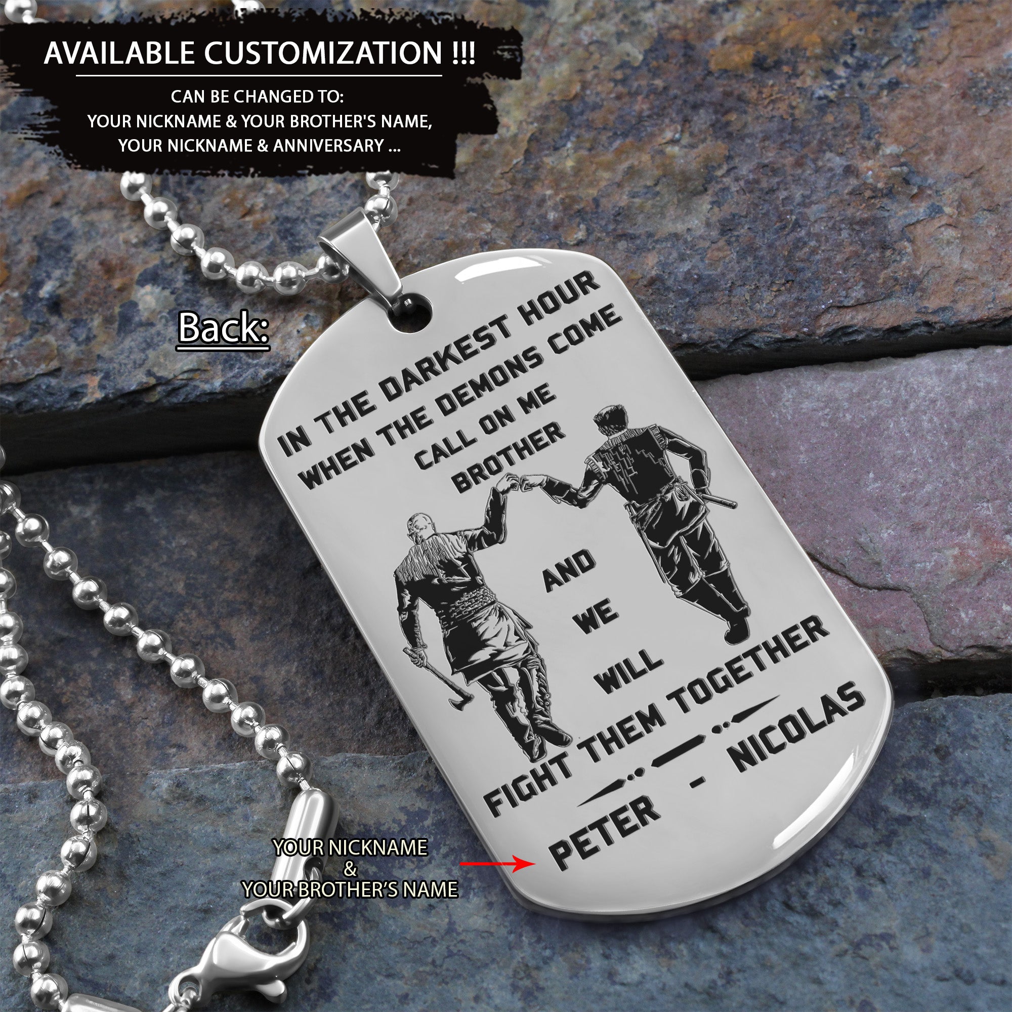 Spartan Customizable engraved brother dog tag gift from brother, In the darkest hour, When the demons come call on me brother and we will fight them together