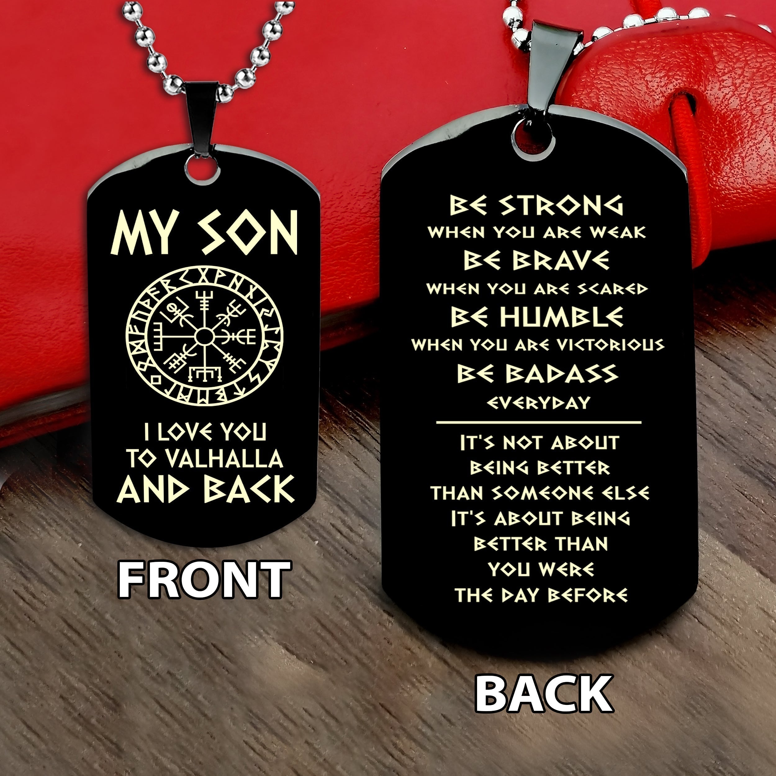 Viking engraved double sided dog tag bracelet dad to son, Be strong be brave