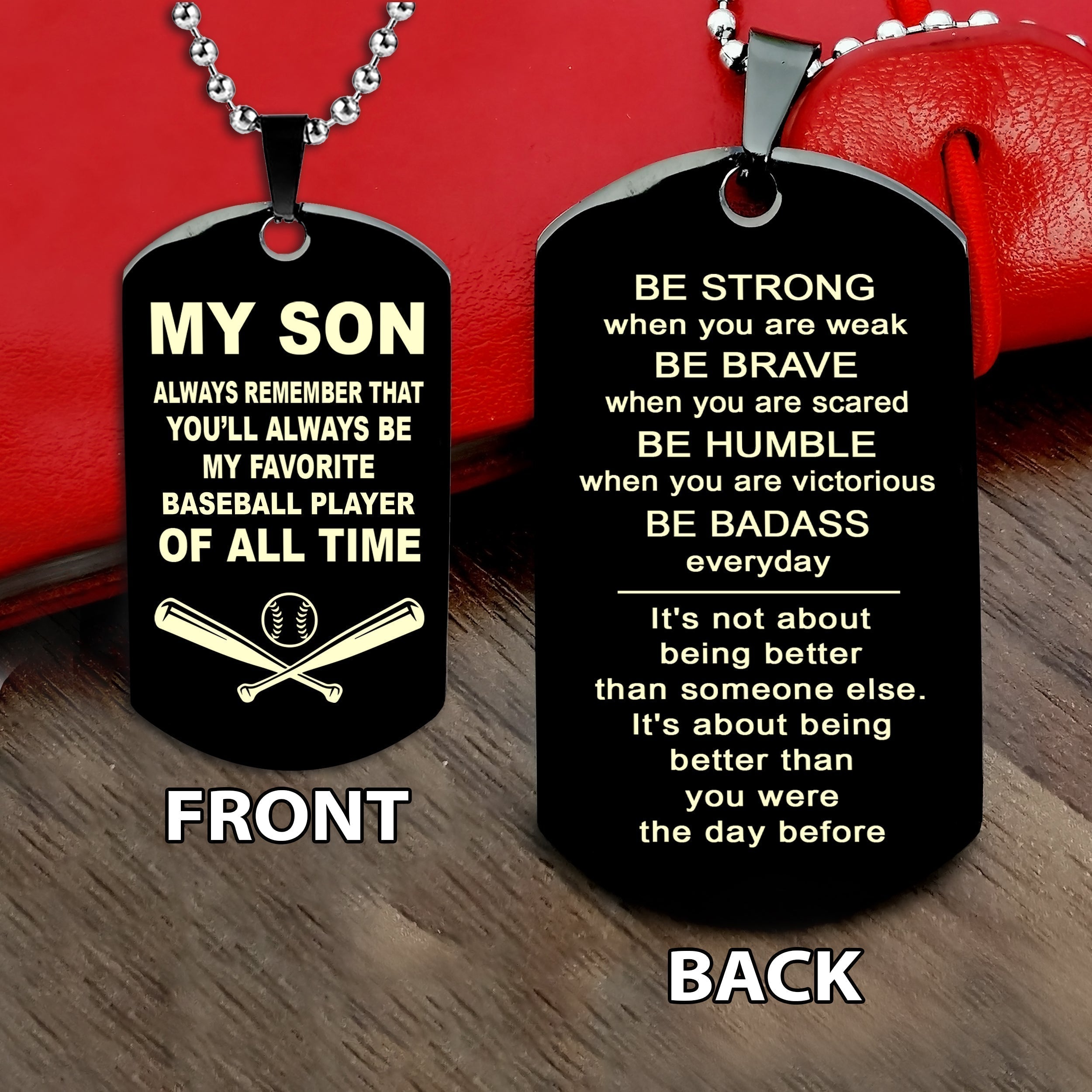 Baseball customizable engraved double sided dog tag gifts from dad mom to son