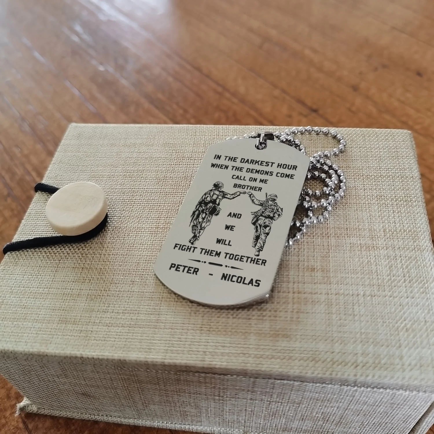 Spartan Customizable engraved brother dog tag gift from brother, In the darkest hour, When the demons come call on me brother and we will fight them together